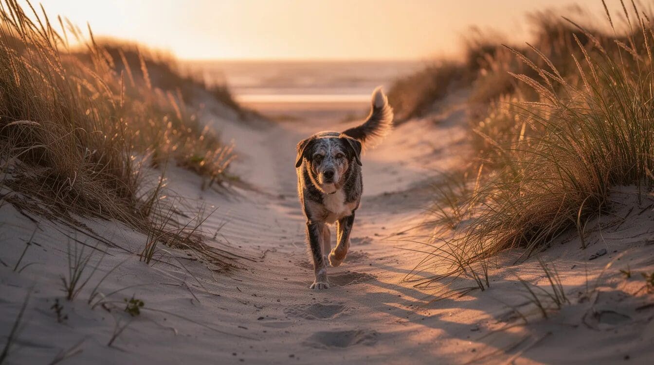 A dog walks along a sandy beach path bordered by lush grass dunes, embodying a peaceful day at the seaside. This serene setting is a perfect backdrop for those considering owning a static caravan in holiday parks, where families can enjoy nature and relaxation.