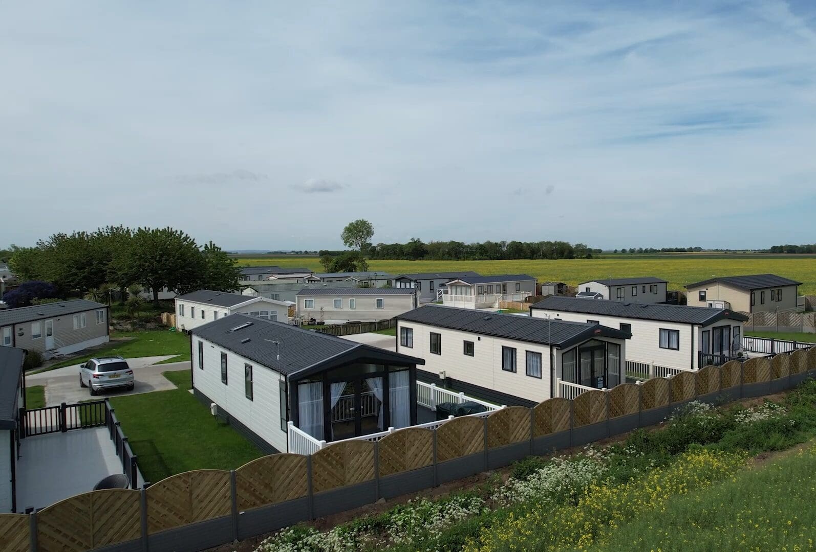 drone view of caravans in the countryside